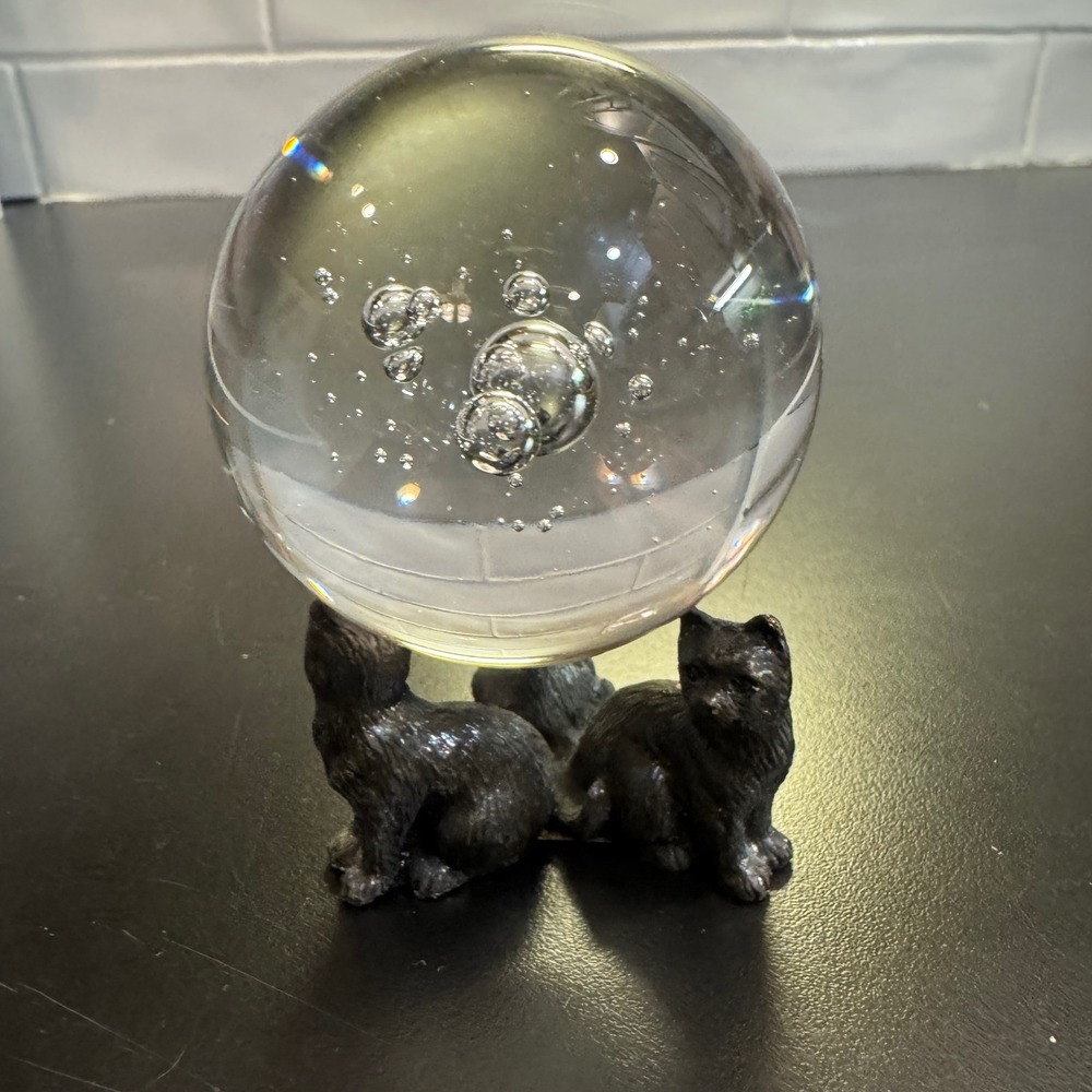 San Pacific Glass Bubble Paperweight Black Kitten Base Small Clear Vintage Decor